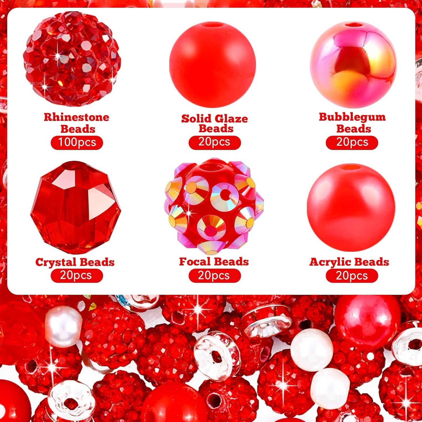 300 Pcs Diamonds Beads for Jewelry Making, Included 10 mm Red Rhinestone Beads for Bracelets, Bubblegum Bead for Pen Making, Pearl and Spacer Bead for Bracelet Necklace Earring Crafting