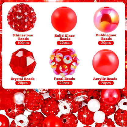 300 Pcs Diamonds Beads for Jewelry Making, Included 10 mm Red Rhinestone Beads for Bracelets, Bubblegum Bead for Pen Making, Pearl and Spacer Bead for Bracelet Necklace Earring Crafting