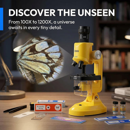 Kids Microscope Kit with LED Light - 100X/400X/1200X Magnification for STEM Learning, 12 Prepared Slides, Easy-to-Use Science Learning Kit (Ages 5-12) - Yellow