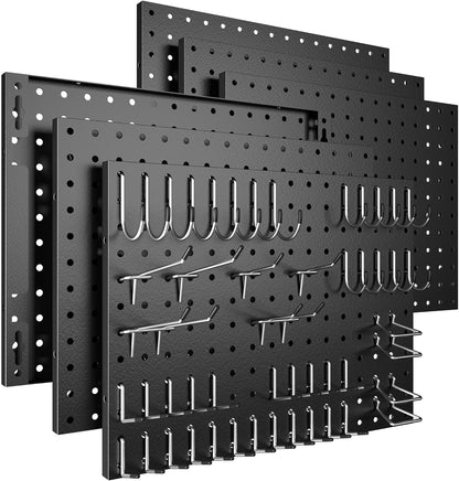Spampur Peg Board, 4 Pack Metal Pegboard Panels with 50 Hooks, Black Pegboards Wall Organizer, Heavy Duty Peg Board for Walls Home, Garage Tool Storage, Office Organization, Craft Room, Kitchen