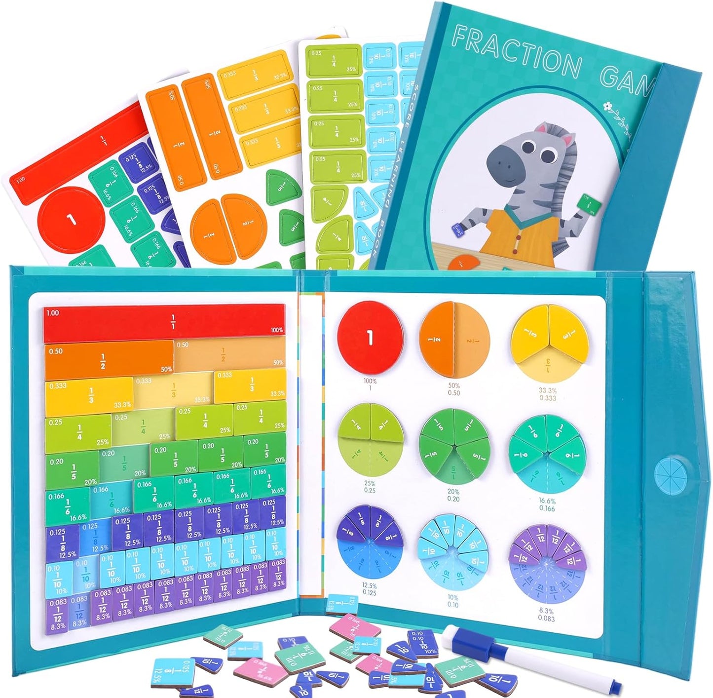 Magnetic Fraction Educational Puzzle, Magnetic Fraction Demonstration Book, Fraction Tiles & Circles, Montessori Math Manipulatives for Elementary School, Fraction Learning Toys for Kids