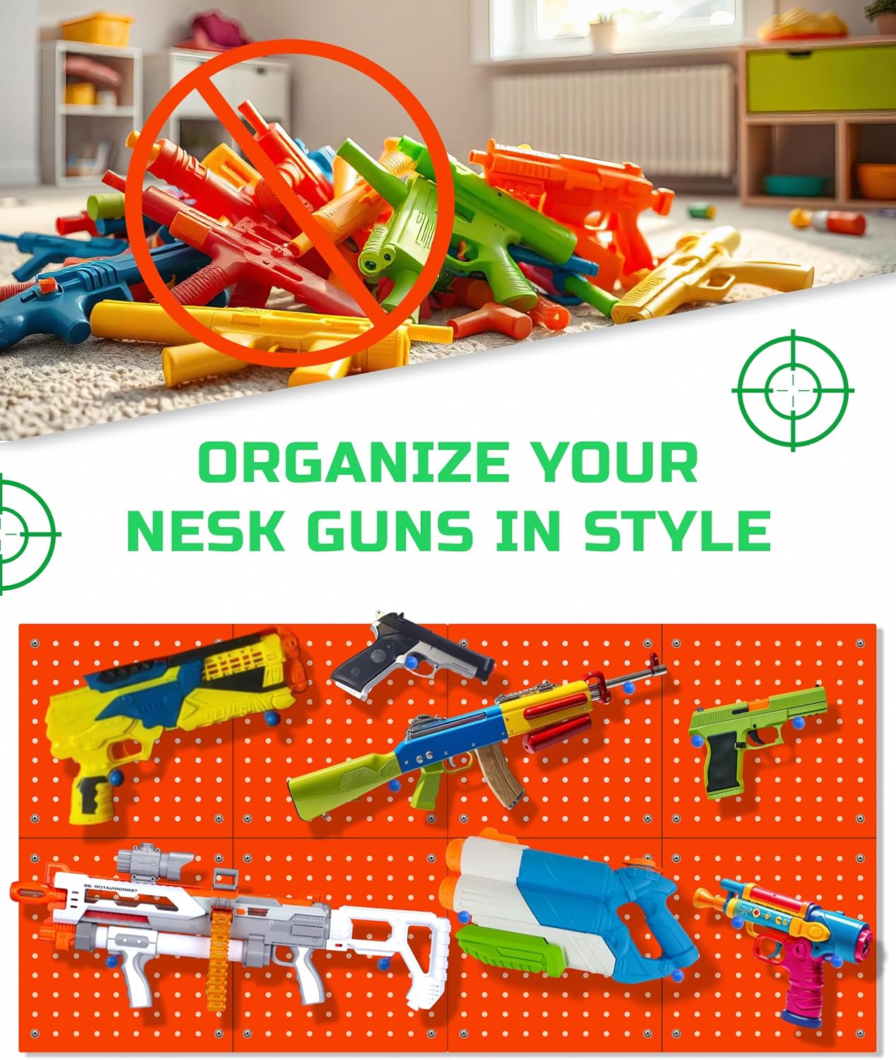 Skywin Wooden Pegboard for Nerf Gun Storage, Nerf Gun Wall Mount Eagle Shape, Compatible with All Blasters, Rack for Wall Organization - Birthday Gift for Kids (Orange)