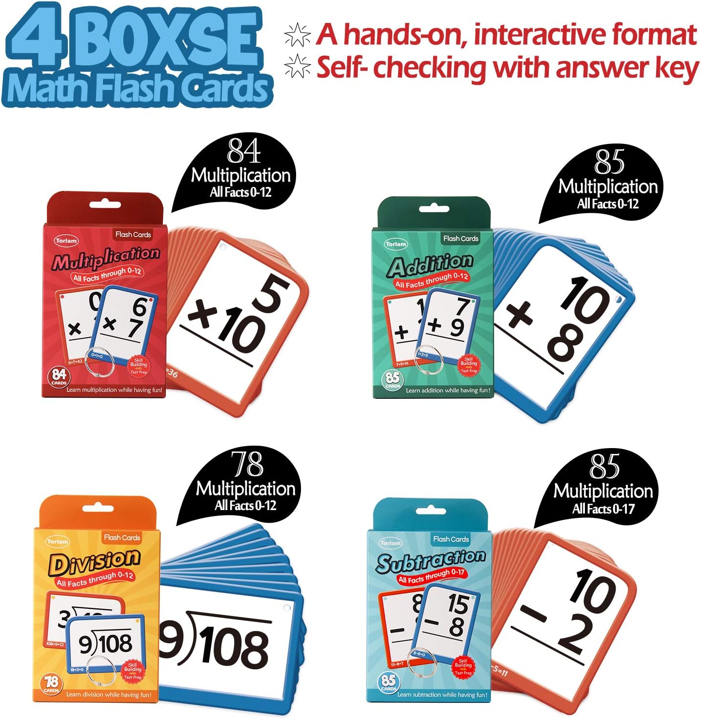 Torlam Multi Math Flash Cards for Kids Ages 4-8 - Addition, Subtraction, Multiplication, & Division - All Facts 0-12 with 4 Rings, Math Games for Kids 6-8 3rd 4th 5th 6th Grade - 332 Cards Total