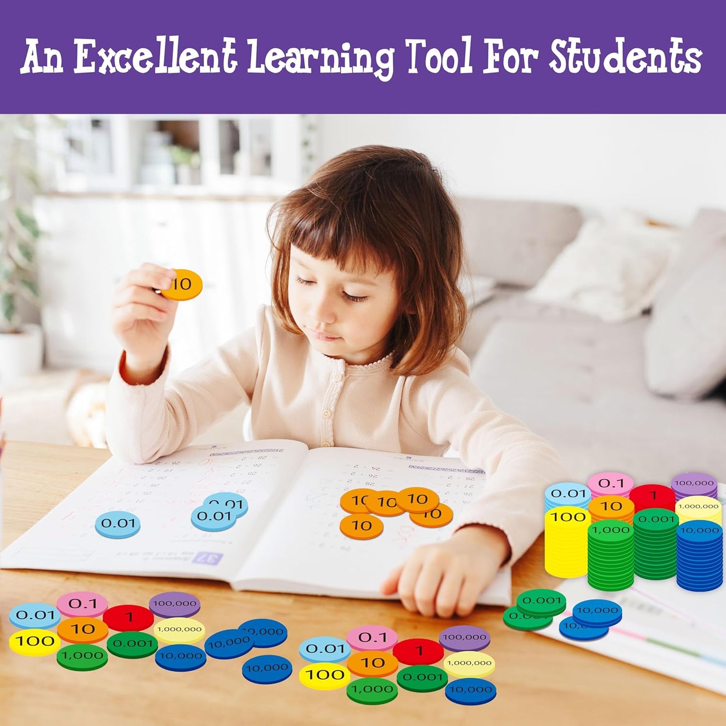 Hebayy 250 PCS EVA Place Value Disks, 10 Values Counting Chips Color-Coded Soft Place Value Chips Decimals to Whole Numbers Counting Chips Early Math Learning for Elementary School