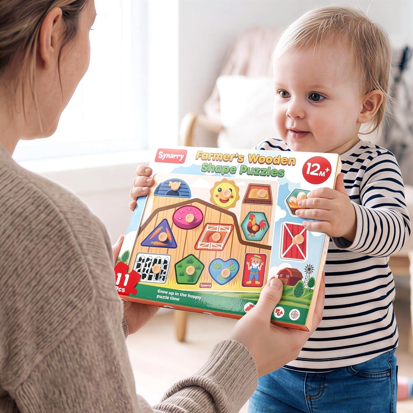 SYNARRY Farm Animals Toddler Puzzles, Wooden Puzzles for Toddlers 1-3, Jumbo Knob Peg Chunky Puzzle, Baby Puzzles 12-18 Months for Shape Recognition Fine Motor Skills, Barn Farm Toys for Toddlers 1-3