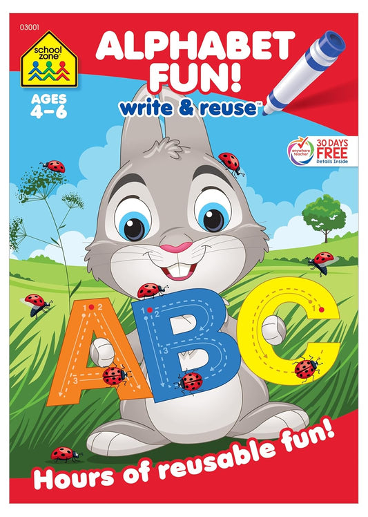 School Zone Alphabet Fun! Write & Reuse Workbook: 26 Wipe-Clean Pages, Preschool, Kindergarten, Write-On Learning, Write and Wipe, Alphabetical Order, Phonics, Printing & Tracing Letters, Ages 4-6