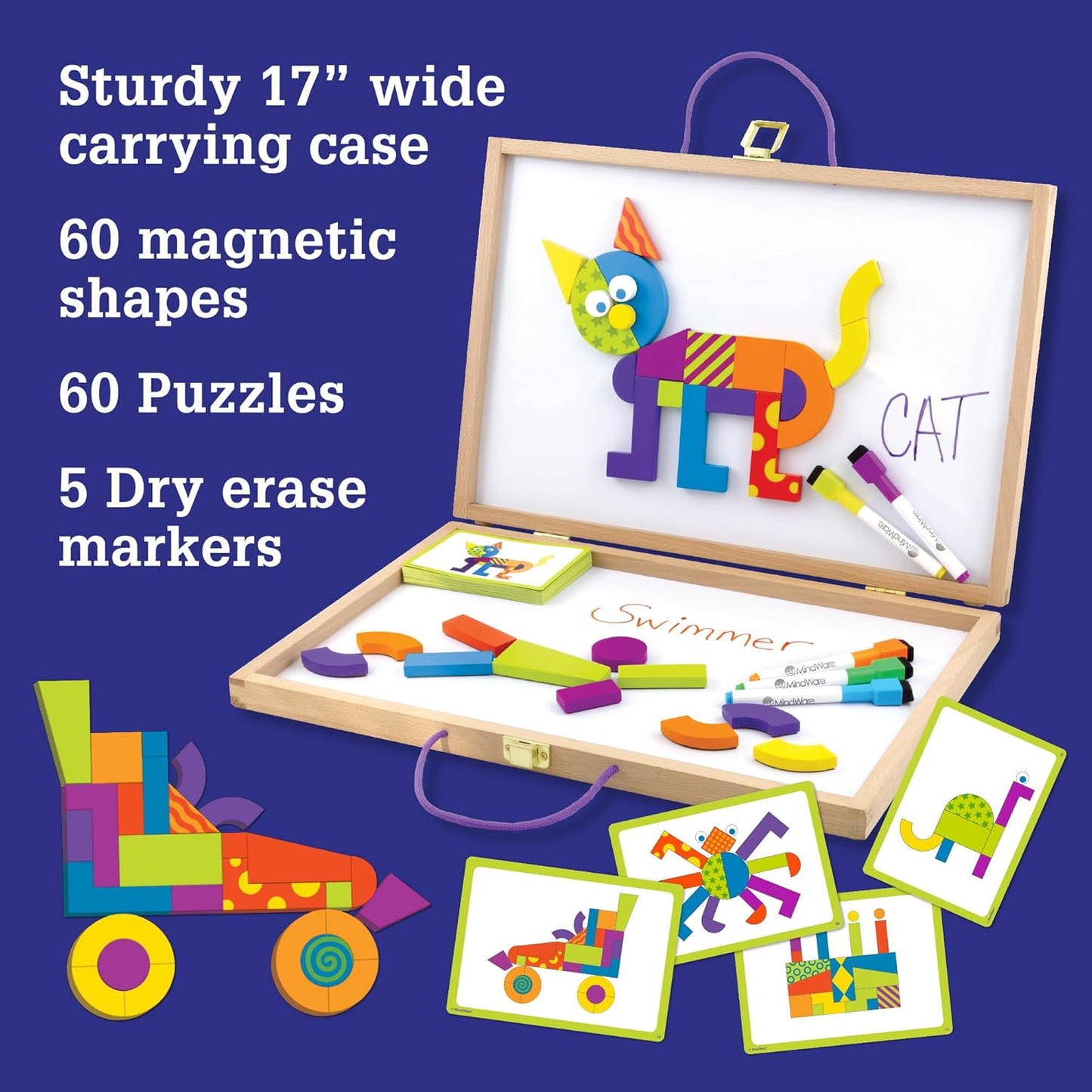 MindWare Imagination Patterns - Creative, Magnetic Play with Patterned Tangram Shapes - Includes 60 Magnetic Blocks, 60 Puzzle Cards, Dry Erase Markers & Wood Case - Deluxe