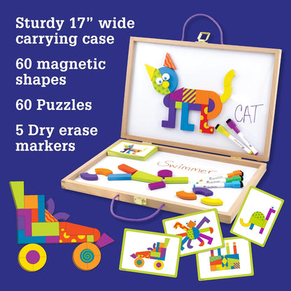 MindWare Imagination Patterns - Creative, Magnetic Play with Patterned Tangram Shapes - Includes 60 Magnetic Blocks, 60 Puzzle Cards, Dry Erase Markers & Wood Case - Deluxe
