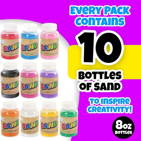 ArtCreativity 40-Pack Colored Sand Art Kit for Kids - Includes 10 Assorted 8oz Sand Bottles, 24 Sand Art Bottle Necklaces & 6 Funnels - Bulk DIY Craft Project for Birthday Parties Boys & Girls