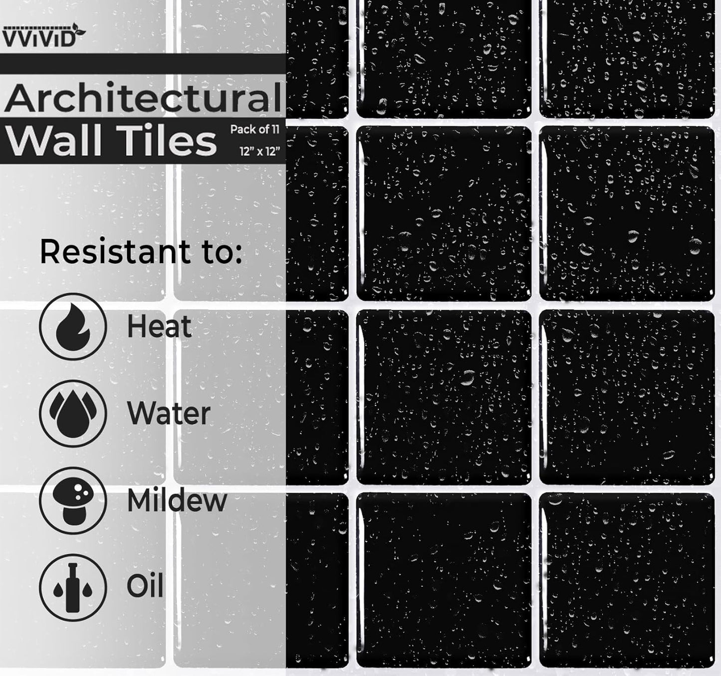 VViViD 11 Sheets Peel and Stick Grey Gloss Faux Ceramic Brick Wall Tiles, Self Adhesive Backsplash 12”x12”, 2mm Thick Kitchen, Bathroom (11 sq. ft.)