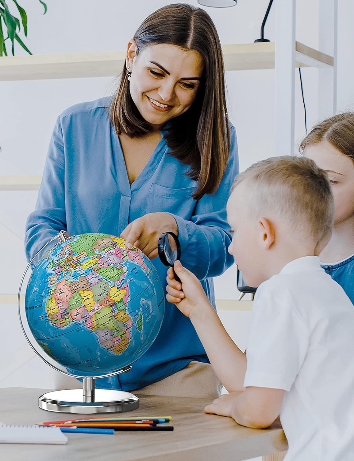 Waldauge Illuminated World Globe with Stand, 9" Earth Globes with Stable Heavy Metal Base for Kids Classroom Learning, LED Constellation Globe Night Light with HD Printed Map