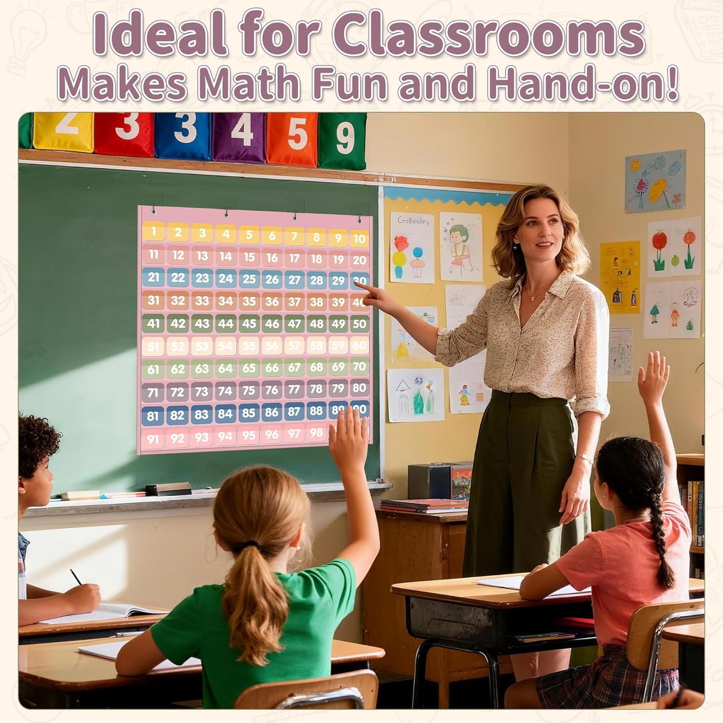 Yoink 100 Pockets Number Chart with 120 Double-Sided Number Cards, Boho Hundred Pocket Chart for Classroom Homeschool Teachers Kids Learning, Pink
