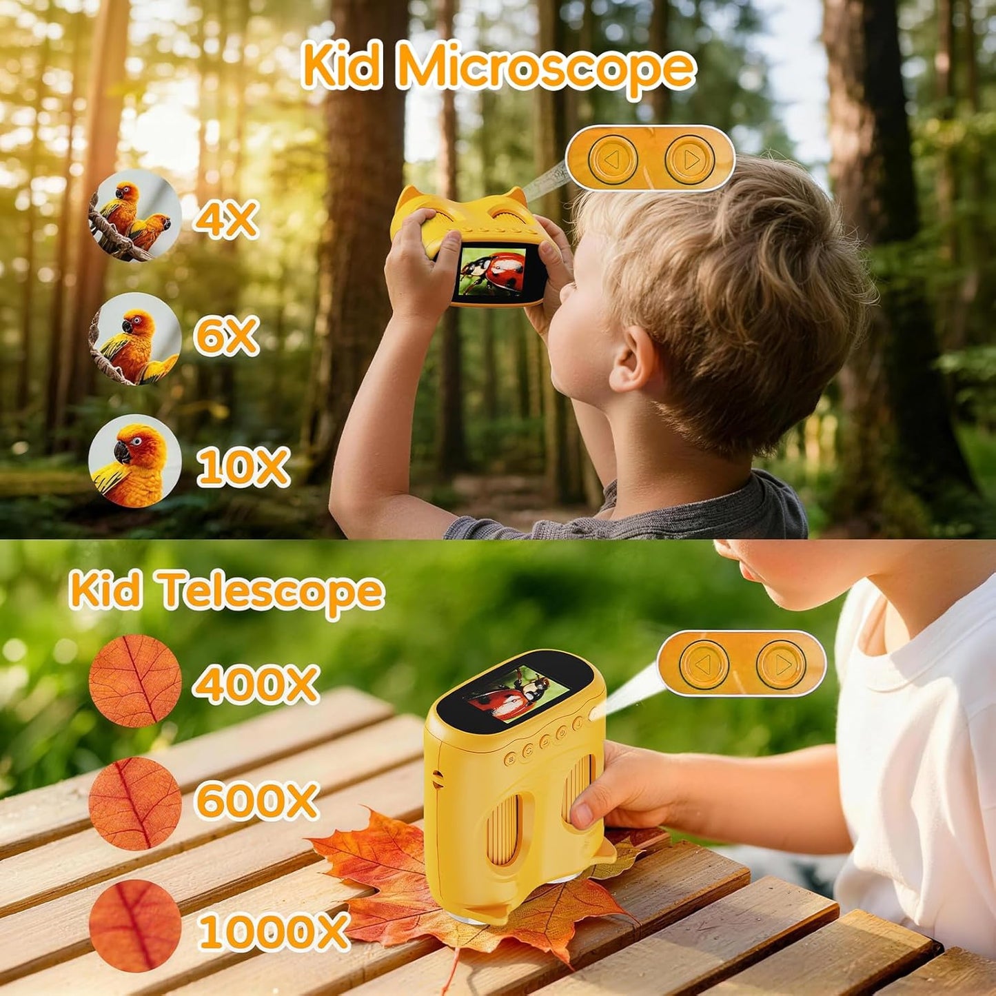 2 in 1 Kids Telescope Microscope, 1000X Digital Microscope, Portable Telescopes for Kids, 4K Discovery Microscope, Handheld Microscope STEM Gift for 3-12 Years Boys Girls（Yellow）