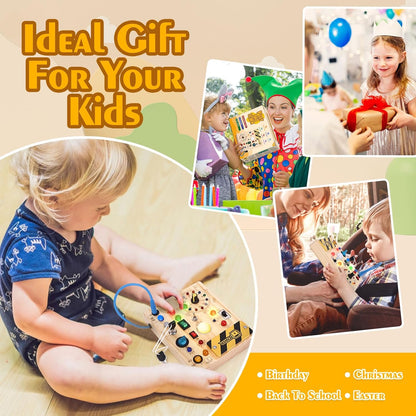 Hoarosall Montessori Wooden Busy Board with 8 LED Light switches, Sensory Toys Light Switch Travel Toys for 1+ Year Old Baby and Toddler