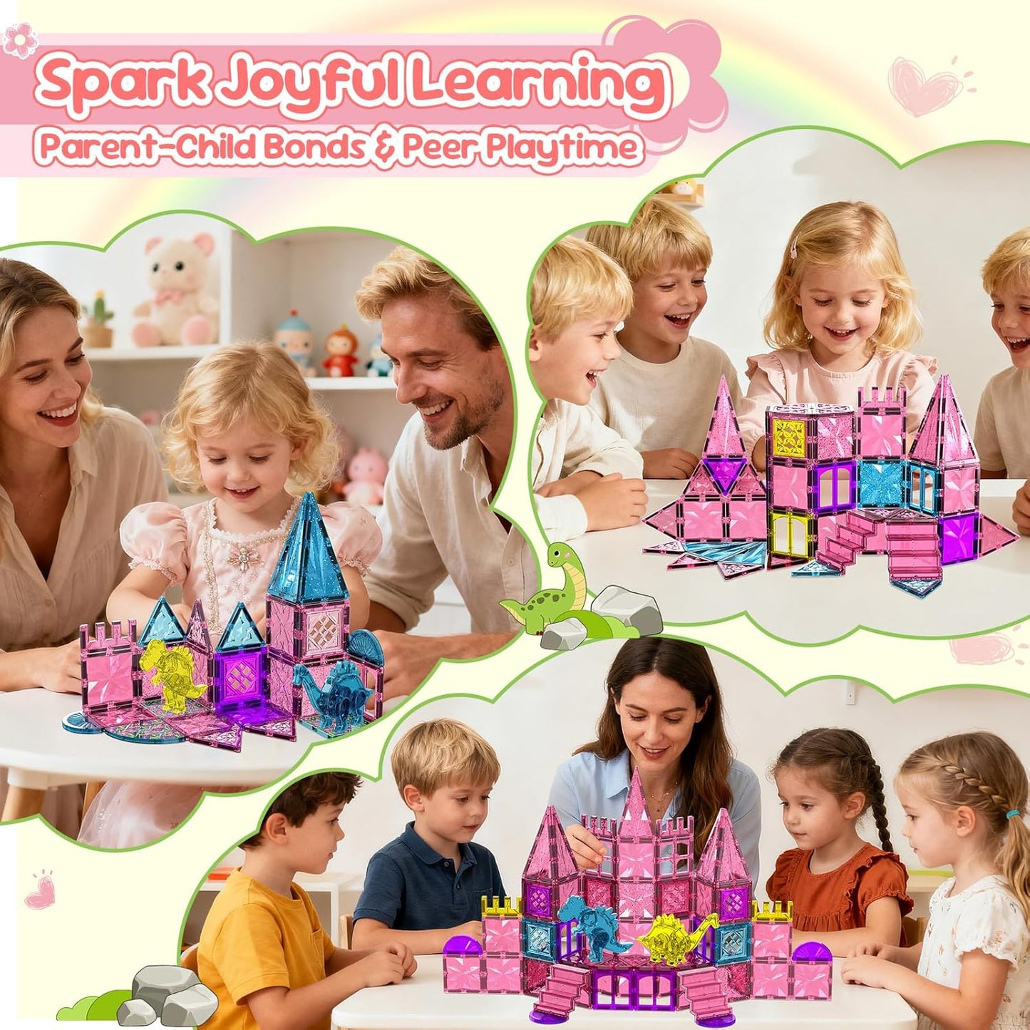 60PCS Dinosaur Toys Magnetic Tiles for Girls, Magnetic Building Blocks Sensory Dino Toy for Girl Ages 3-5 4-8 Year Old, Girl Toys Dinosaur Decorations Birthday Gifts for 3+ Years Old Kids Boys