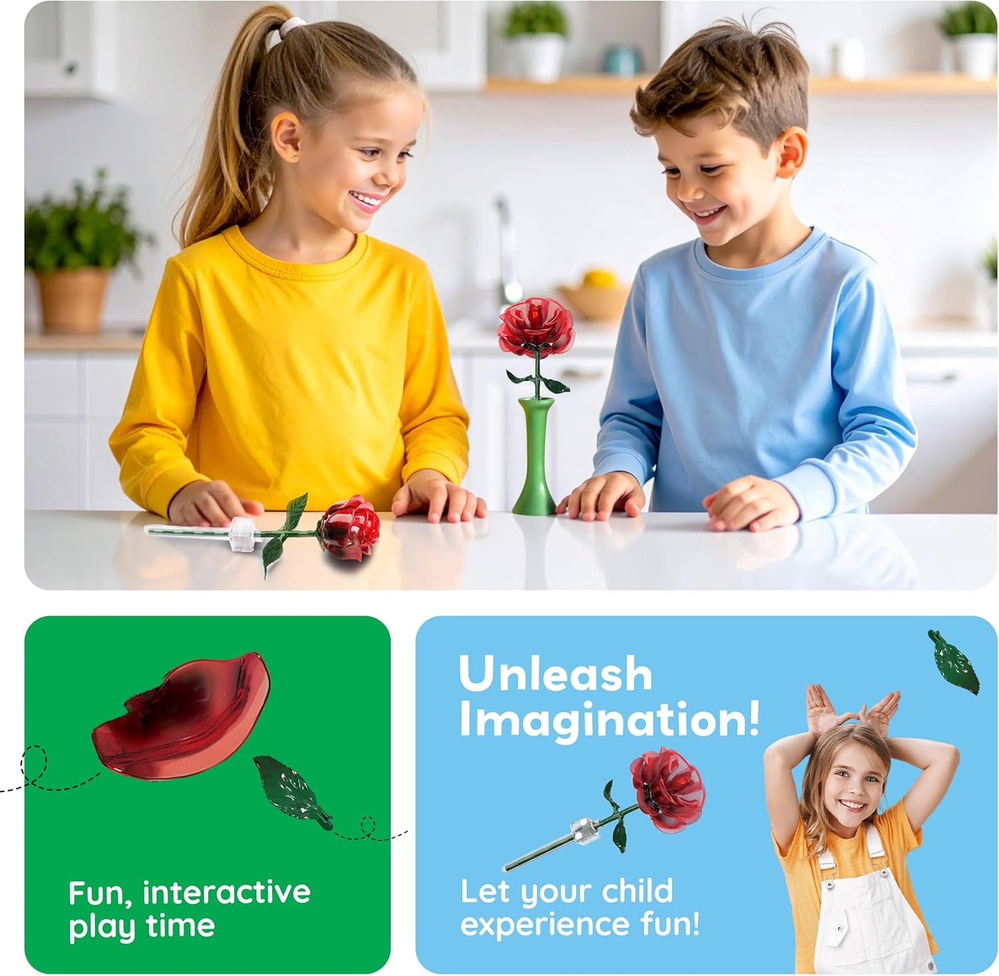 PicassoTiles Red Stem Rose Building 45pc Set With Magnetic Hold Piece Creative Hands-On Play Discovery Activity Kit Room Decor Gifts For Mother’s Day Present Display Flower Boys Girls Kid Age 3+ PBS20
