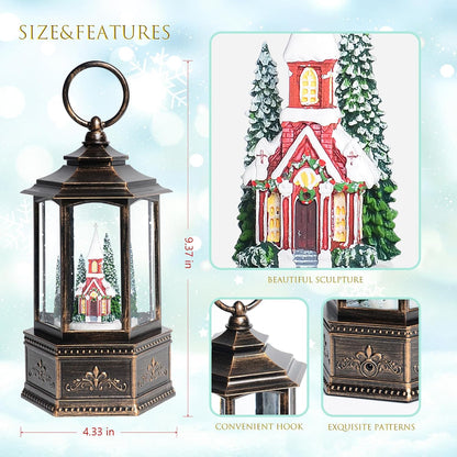 Christmas Snow Globes Lantern, Church and Christmas Tree Christmas Decorations Indoor, 6H Timer Battery & USB Powered Light Up Musical Snow Globes for Kids Women Adults Gift Thanksgiving Home Decor