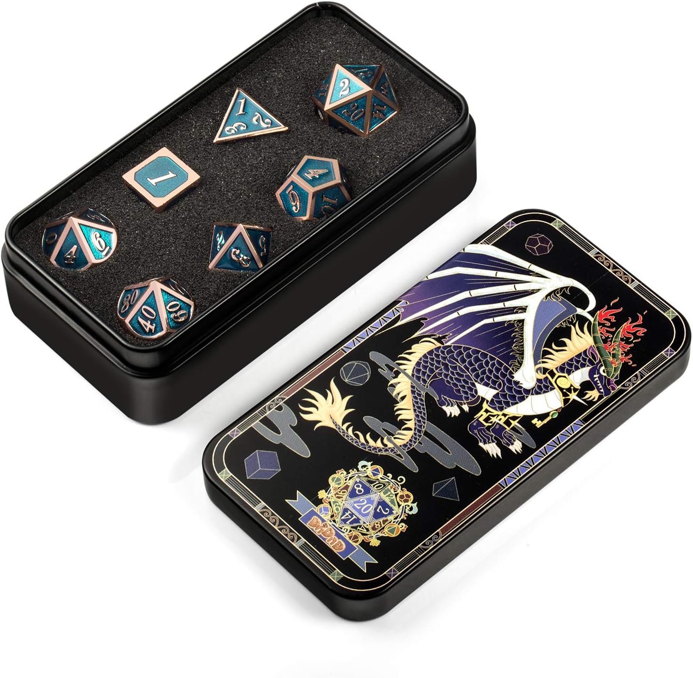 DnDnD Heavy Polyhedral Metal Dice Set with Metal Box, 7-die Shiny Blue Surface with Golden Number for RPG,Dungeons and Dragons,Pathfinder,Shadowrun,D&D,Role Palying Game and Math Teaching - Colors B
