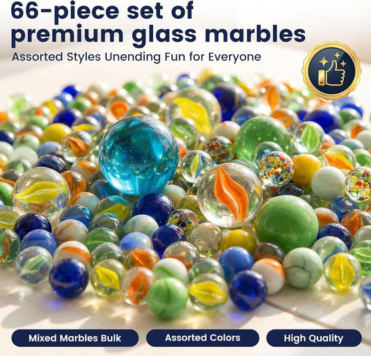 SallyFashion 66PCS Glass Marbles for Kids, 3 Sizes Assorted Size Colored Bulk Marbles Toy, DIY and Home Decoration