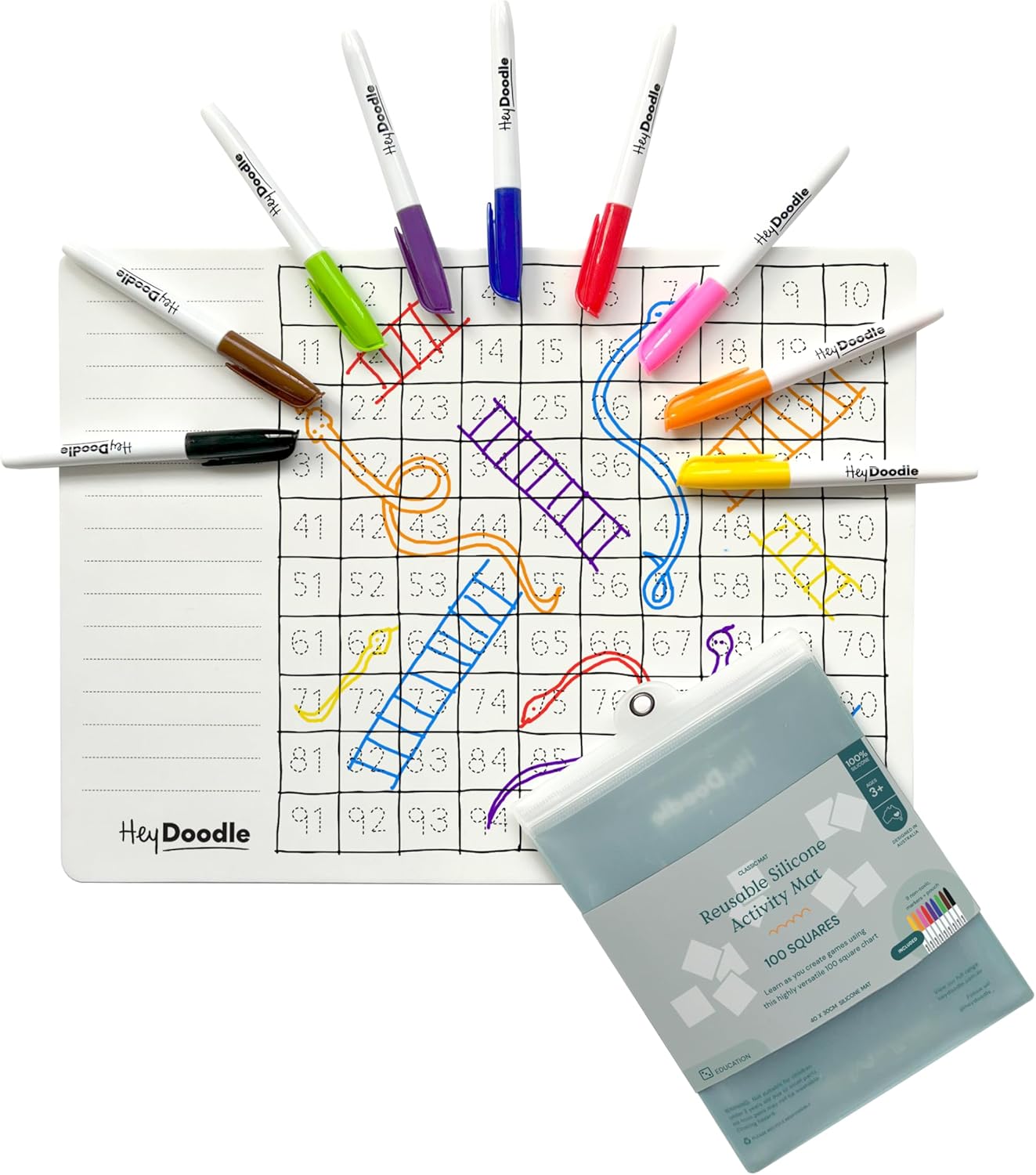 HeyDoodle Into The Wild Classic Doodle Mat – Reusable Silicone Alphabet Coloring Mat for Toddlers and Kids – Educational Animal Activity Pad with 9 Markers – Mess-Free Travel Toy – Ages 3-7