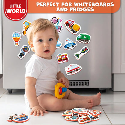 Little World Large Set of Safe and Durable Fridge Magnets for Toddlers 1-3 | Foam Refrigerator Magnets for Kids with Gift Box | Waterproof, Non-Toxic Cars & Vehicles Magnets for Children and Babies 1+
