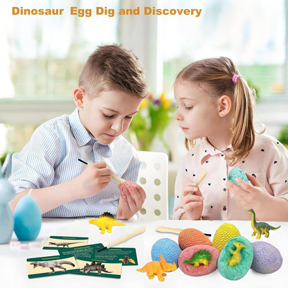 EXBEPE Dinosaur Eggs Excavation Dig Kit, 12 Fossilized Colorful Easter Dinosaur Egg with 12 Cards and 12 Dig Tools, Science Education STEM Toys for Boys & Girls Ages 3-12