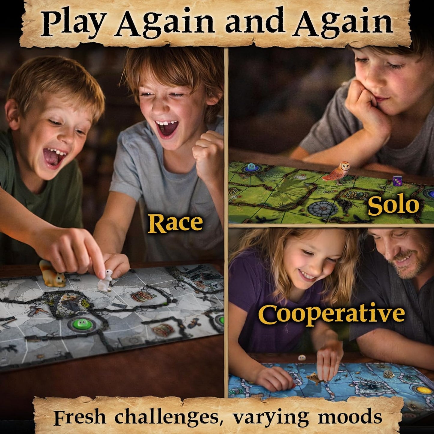 Enchanted Maze - A Light Up Board Game for Families | Ages 5+, 1-6 Players | Cooperative, Competitive and Solo Play Options | with “Secret” LED Light up Tiles, dice, Animal Figurines and a Hag!