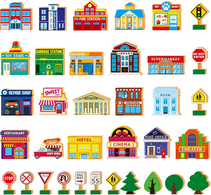 Blosssound 35 Pcs Wooden Town Building Play Toys for Kids City Street Traffic Signs Multicultural Community Block Train Track Accessories Preschool Classroom Educational Supplies Birthday Gifts