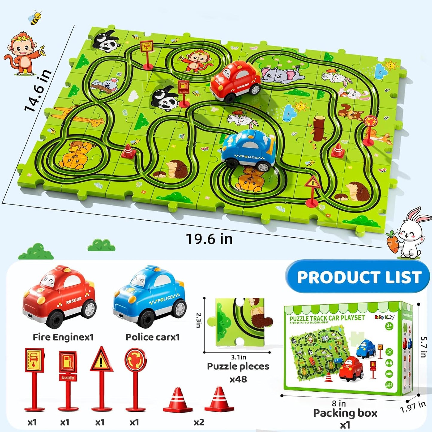 Beby Buty 64PCS Puzzle Track Car Set Toys for Kids Boys, Toddler Toys Gifts for 3 4 5 Year Old, Floor Puzzle Tracks Car for Boys Ages 3-5 4-6, for 3 4 5 6 Year Old