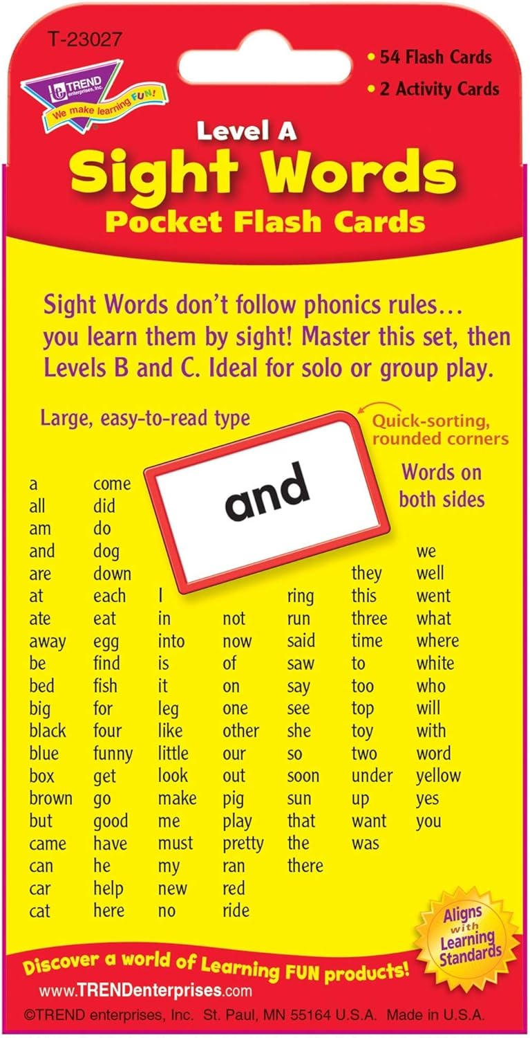 Trend Enterprises: Sight Words Level A Pocket Flash Cards, Great for Skill Building and Test Prep, 56 Two-Sided Cards Included, 108 Commonly-Used Words, for Ages 4 and Up