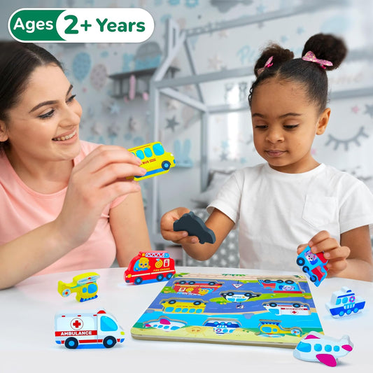 Jumbo Wooden Puzzles, Vehicle Puzzles Toys for Toddlers 2-4, Learning Educational Toys for Toddler 2 3 4 Years Old Boys & Girls As Gifts, Montessori Puzzle Board for Baby and Kids By Lucas & Friends