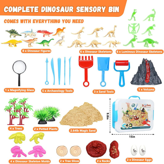Vectronum Dinosaur Sensory Sand Kit for Boys, Sensory Bin with Lid, 2.64lbs Sand, Archaeology Tools, Dino Figures & Skeletons, Dinosaur Toys for Kids Toddlers 3-5 5-7+ Year Old Christmas Birthday Gift