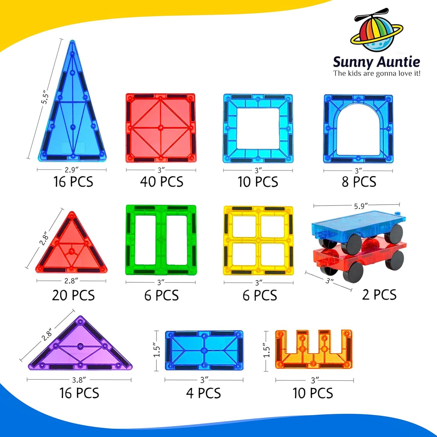 SUNNY AUNTIE Magnetic Tiles 125 PCS XL Set with Storage Bag – Magnetic Building Tiles for Kids Ages 3-8, STEM Magnet Construction Toy for Boys & Girls