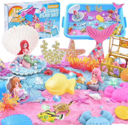 Volmop Unicorn Sensory Bin for Girl, 148pcs Play Sand Art Kit with Sandbox, 3.3lb Color Sand,Unicorn Tactile Sensory Toy for Girl Toddler Ages 3-8