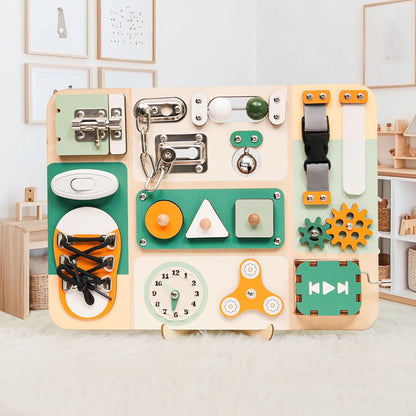 Montessori Busy Board for Baby & Toddlers 1-3 - Wooden Sensory Activity Board with 13 Activities, Real Metal Locks & Latches - Fine Motor Skills Educational Toy for 1 2 3 Year Old - Travel Friendly