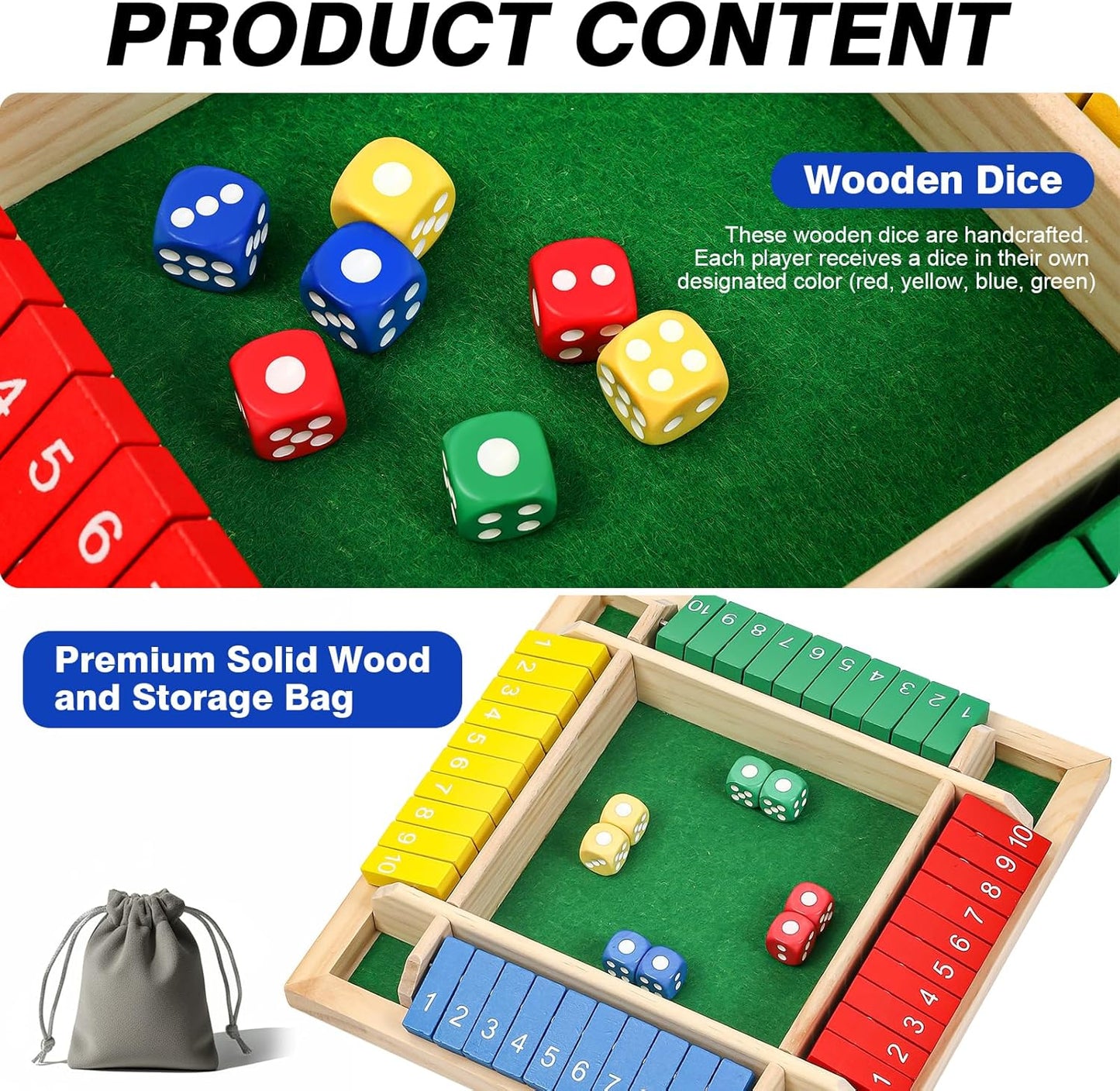 Shut The Box Game Wooden Board Dice Game, 2-4 Players Table Math Games for Kids and Adults, Fun Family Game Night Classroom Home Party or Pub Strategy Games