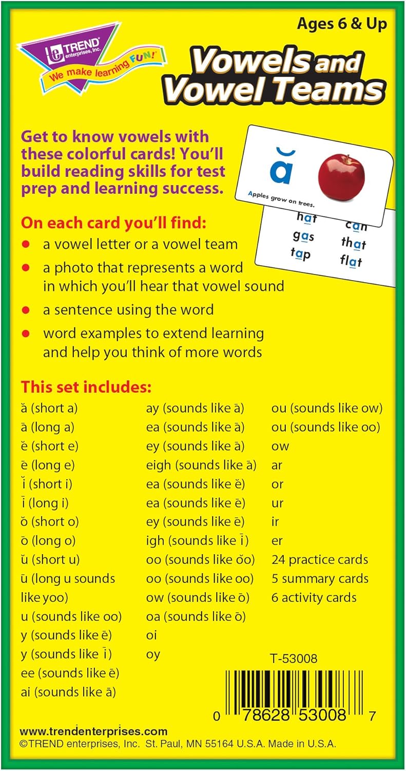 Trend Enterprises: Vowels and Vowel Teams Skill Drill Flash Cards, Sound-It-Out Hints, Photo & Sentence Cues, Great for Skill Building and Test Prep, 72 Cards Included, Ages 6 and Up