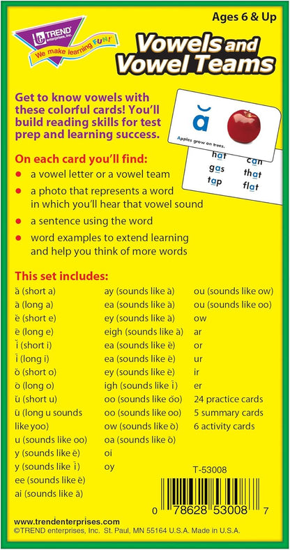 Trend Enterprises: Vowels and Vowel Teams Skill Drill Flash Cards, Sound-It-Out Hints, Photo & Sentence Cues, Great for Skill Building and Test Prep, 72 Cards Included, Ages 6 and Up