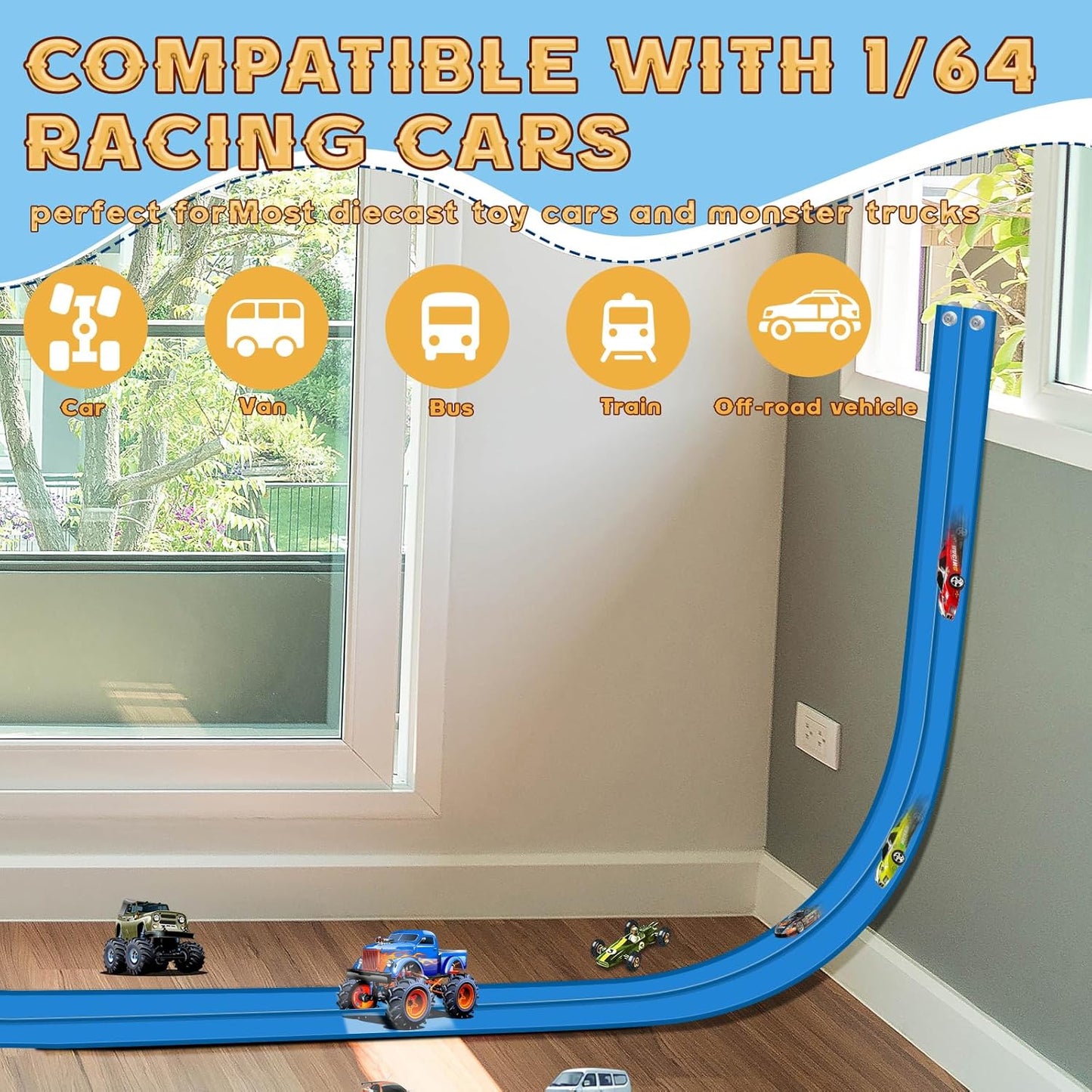 Flex Tracks 15 Ft for Kids Starter Set, Flexible Race Car Ramp Track with Suction Cups Compatible with Diecast 1/64th Cars for Ages 3 & Up (Black & Red)