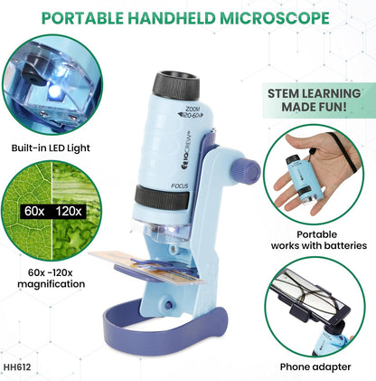 AMSCOPE-Kids 120X-1200X White Metal Arm Starter Kids Student Microscope Kit and Compact Refractor Telescope with Tripod - M30-ABS-KT2-W-TKVB1