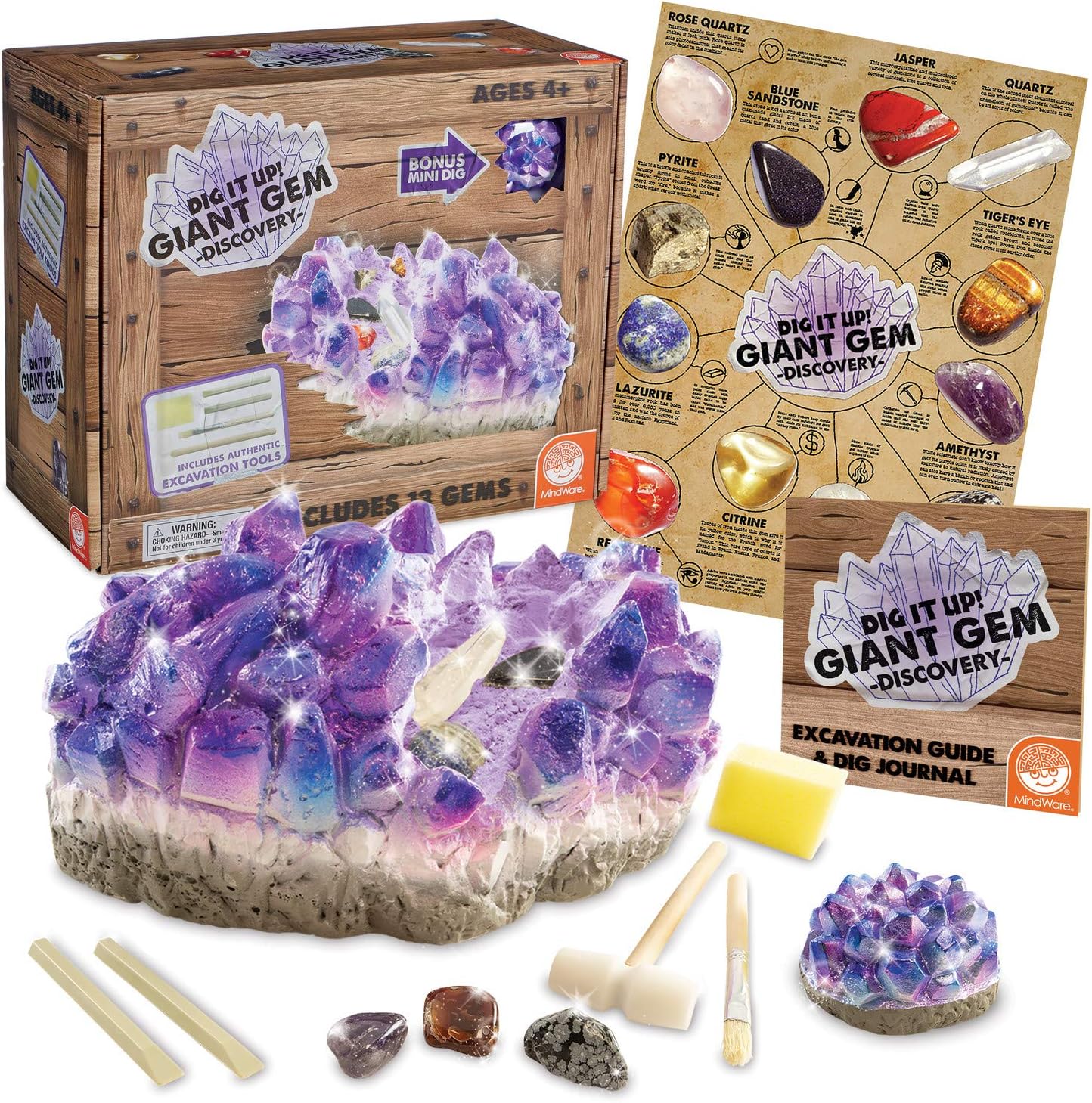 MindWare Dig It Up Giant Gem Discovery Kit - Gemstone Dig Kit Offers Geology for Kids with 12 Real Polished Hidden Gemstones - Includes 1 Giant Gem, Chiseling Tools, Gemstone Poster - Ages 4+