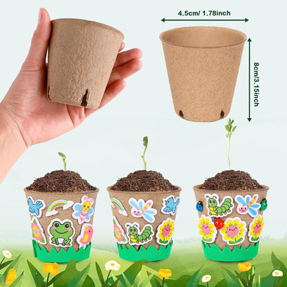 60 Pack Garden Paper Pot Craft Kit Flower Plant Spring Summer Craft with 50 Adhesive Foam Stickers 60 Paper Mache Pots Label Pens, Flower Planting Growing Kit Science Garden Gift for Mother Day