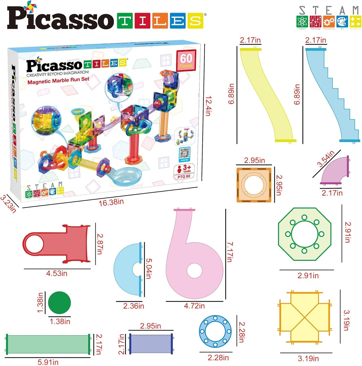 PicassoTiles Marble Run 60 Piece Race Track Magnetic Tiles Magnet Building Block Educational Construction Toy Set Playset STEM Learning Kit Child Brain Development HandEye Coordination Training PTG60