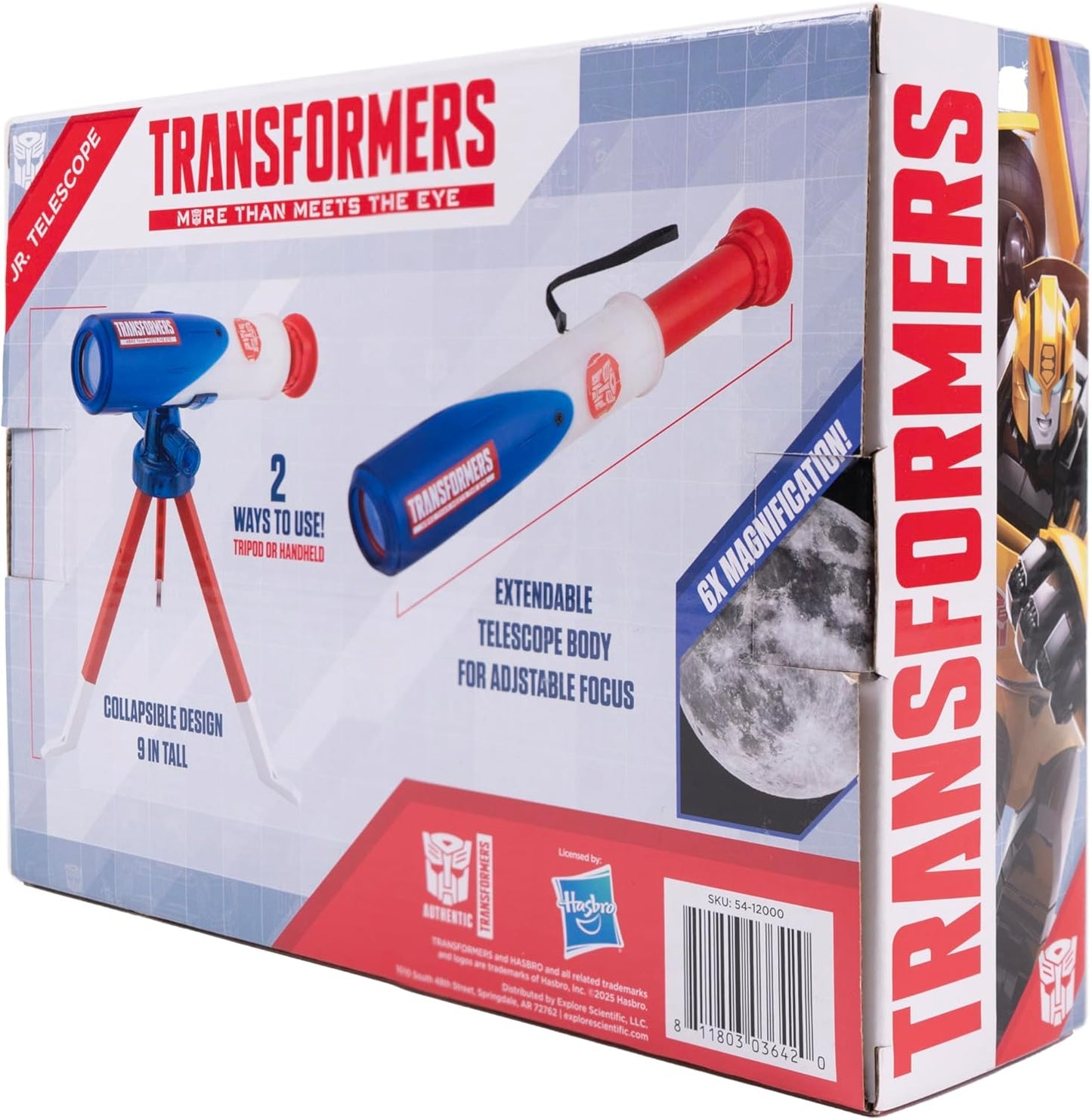 Transformers Jr. Telescope for Kids – 6× Magnification, Glow-in-The-Dark Tube, Sliding Focus, Collapsible Tabletop Tripod – Fun Beginner Telescope for Astronomy & Wildlife