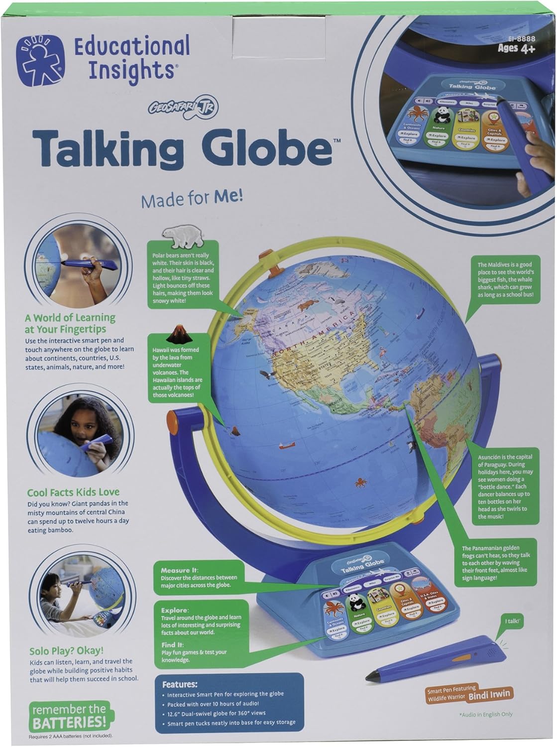 Educational Insights GeoSafari Talking Globe - Interactive Globe for Kids Ages 4-8, Learning Geography for Kids, Electronic Learning & Education Toys, Interactive World Map Featuring Bindi Irwin