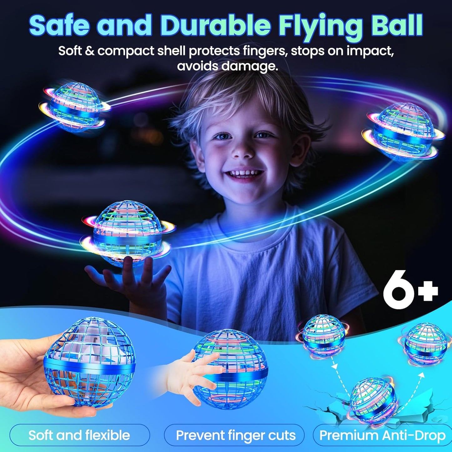 Flying Orb Ball Toy, 2026 Upgrade Hand Controlled Hover Ball with LED Lights,360° Rotating Boomerang Globe Cool Mini Drone, Ideal Birthday&Christmas Gift for Boys Girls-Blue & Purple