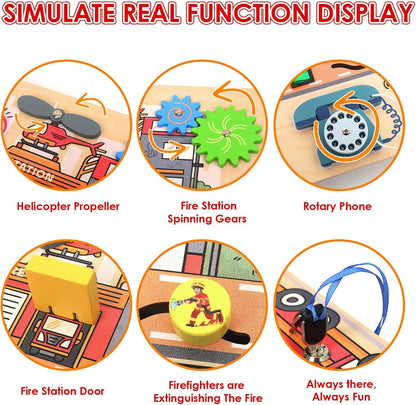 Wdmiya Montessori Busy Board for Toddlers 2-4, Fire Truck Activity Board with LED Lights & Sounds, Wooden Sensory Learning Toy with Rotary Phone, Helicopter & Gears, for 2 3 4 Year Old Boys Girls Gift