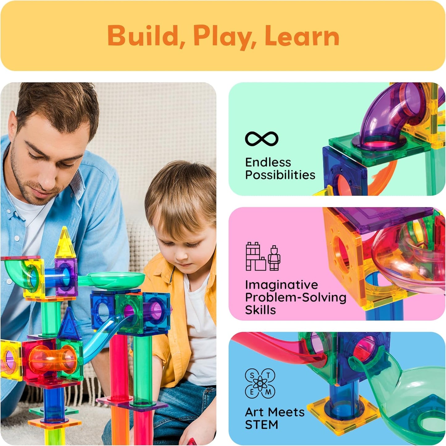 PicassoTiles 50pcs Magnetic Tiles Marble Run for Kids Race Track Toy Marble Maze Sensory Toys for Toddlers STEM Educational Set Magnet Building Blocks Construction Building Tiles Boys Girls 3+ PTG50