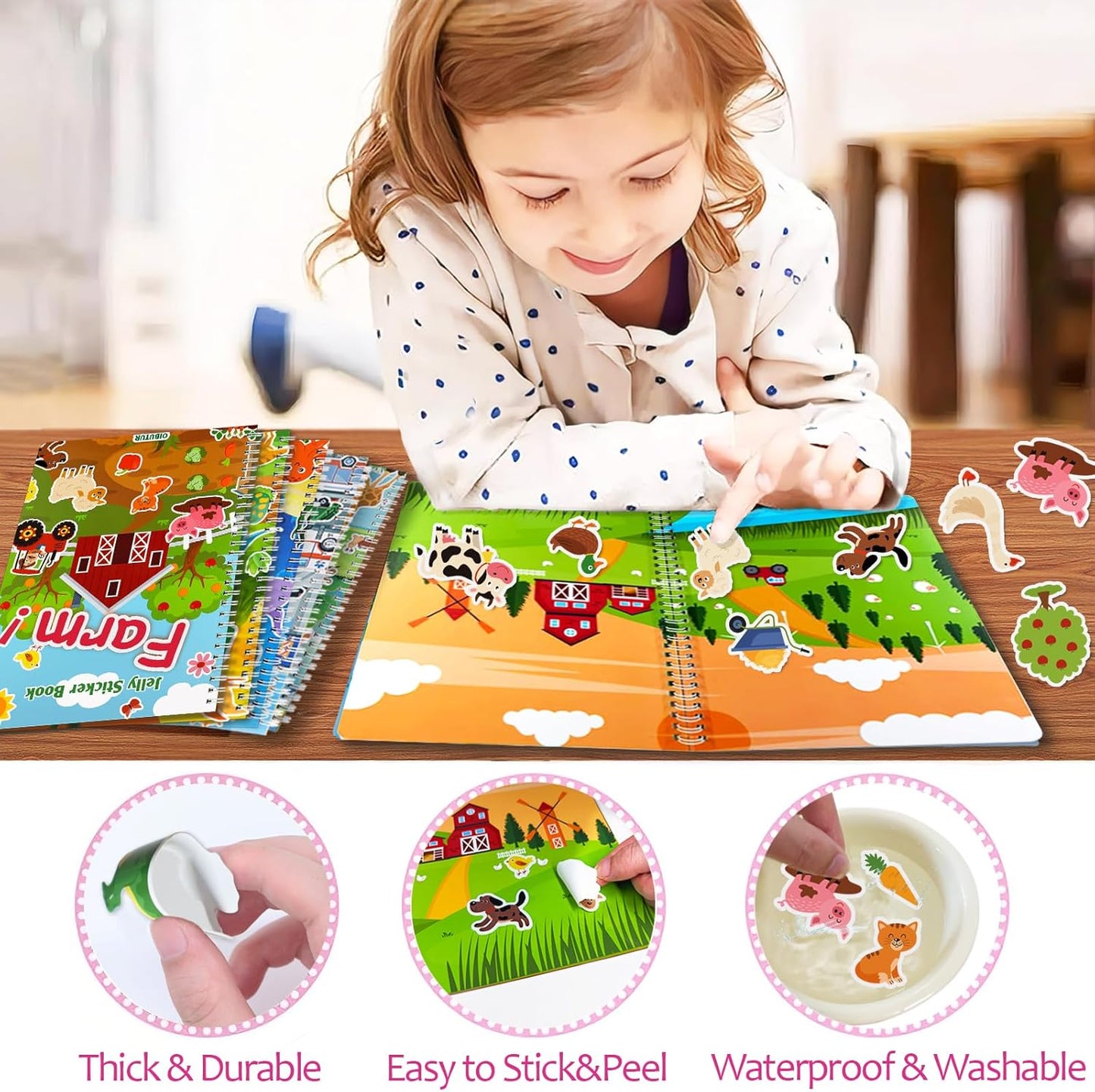 Jelly Sticker Books for Toddlers 2-4 Years, Reusable Sticker Book for Kids 1-3, Toddler Easter Basket Stuffers＆Travel Essentials Animals Stickers for Kids Toddler Plane Activities (Animals)