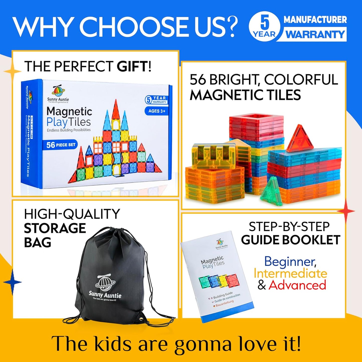 SUNNY AUNTIE Magnetic Tiles 56 PCS Building Set – Magnetic Building Tiles STEM Toy for Kids & Toddlers Ages 3-8, Magnet Construction Set for Boys & Girls